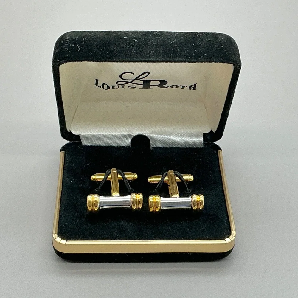 Louis Roth Cufflinks Mens Two Tone Gold Silver Tone Bar Vintage Original Box